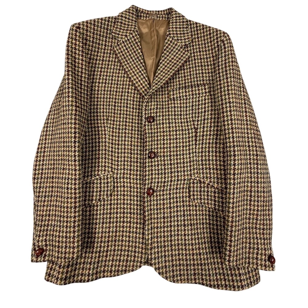 VTG Harris Tweed Gurtex Blazer Sport Coat Mens 38 Brown Houndstooth Wool Vintage